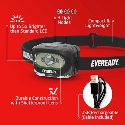 Eveready مصباح رأس قابل لإعادة الشحن من إيفر ريدي LED، 300 لومن، مقاوم للماء IPX4، عدسة مقاومة للكسر، مصباح رأس LED رائع في الهواء الطلق، كابل شحن ميكرو-USB متضمن - Image 2