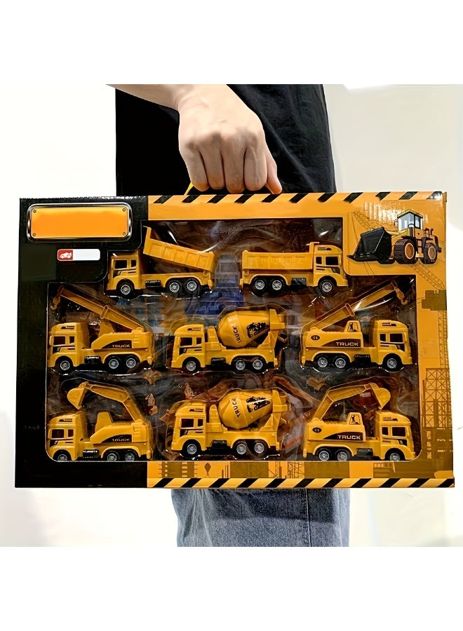 The 8-piece set includes a toy excavator model, a toy construction machinery vehicle, and an inertial-powered excavator assembly with pullback drive, perfect for recognizing vehicles and a premium gift choice. - Image 1