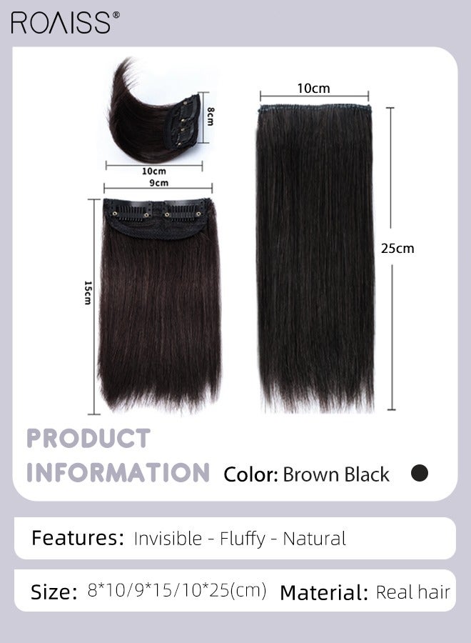 رويس قطعتان من وصلات الشعر البشري بالمشابك، أغطية شعر غير مرئية للنساء مع شعر رقيق  لإضافة حجم الشعر، قطع شعر مع مشابك للاستخدام اليومي، أسود بني - Image 4