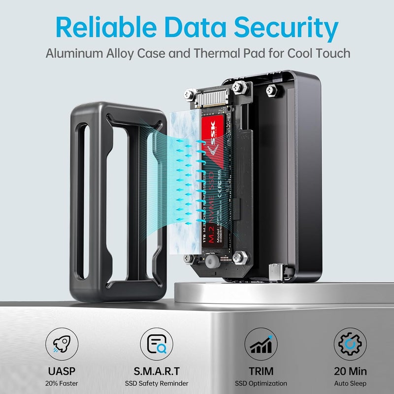 اس اس كي غلاف SSD M.2 NVMe من SSK بسرعة 40 جيجابت في الثانية، حامل USB 4 NVMe USB C لـ Thunderbolt 3/4، غلاف خارجي M2 يدعم أقراص SSD بحجم 2280/2260/2242/2230، مفتاح M مع مؤشر LED، ألومنيوم - Image 5