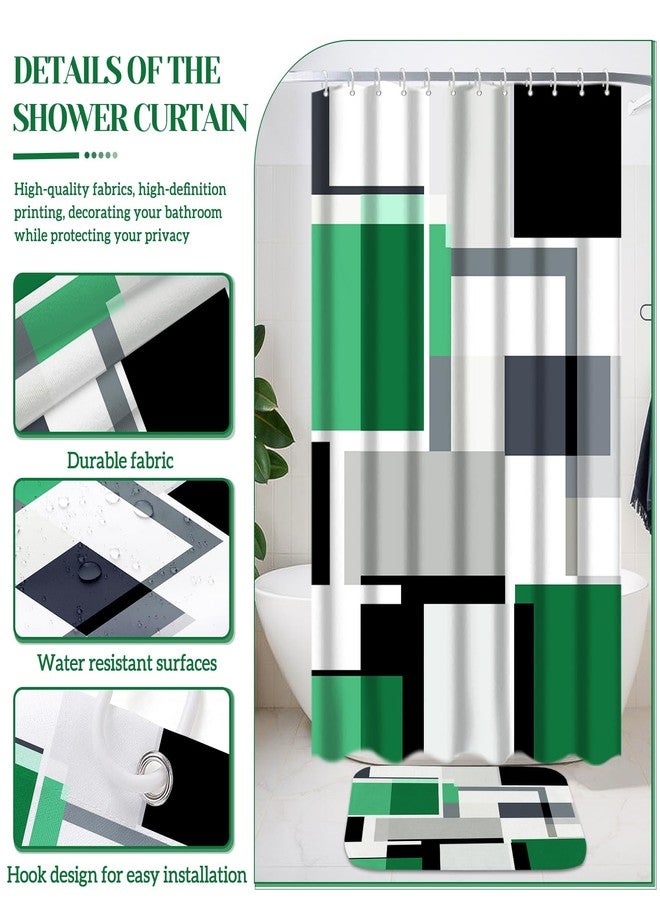 KINUUIS 4 Pcs Bathroom Sets with Shower Curtain and Rugs,Green Geometric Bathroom Shower Curtain Sets with 12 Hooks, Green and Black Modern Abstract Bathroom Sets with Rugs and Accessories for Bathroom - Image 3