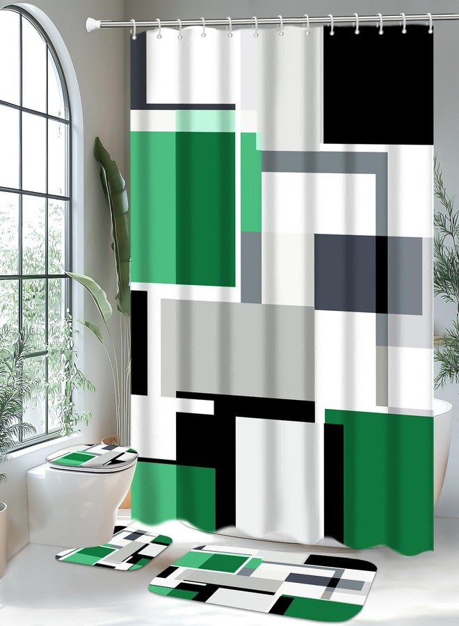 KINUUIS 4 Pcs Bathroom Sets with Shower Curtain and Rugs,Green Geometric Bathroom Shower Curtain Sets with 12 Hooks, Green and Black Modern Abstract Bathroom Sets with Rugs and Accessories for Bathroom - Image 1