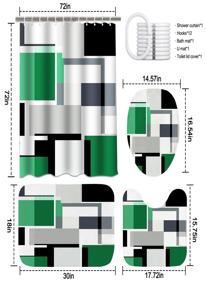 KINUUIS 4 Pcs Bathroom Sets with Shower Curtain and Rugs,Green Geometric Bathroom Shower Curtain Sets with 12 Hooks, Green and Black Modern Abstract Bathroom Sets with Rugs and Accessories for Bathroom - Image 2