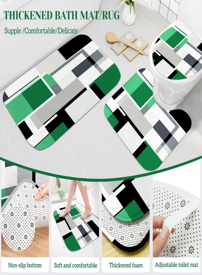 KINUUIS 4 Pcs Bathroom Sets with Shower Curtain and Rugs,Green Geometric Bathroom Shower Curtain Sets with 12 Hooks, Green and Black Modern Abstract Bathroom Sets with Rugs and Accessories for Bathroom - Image 4