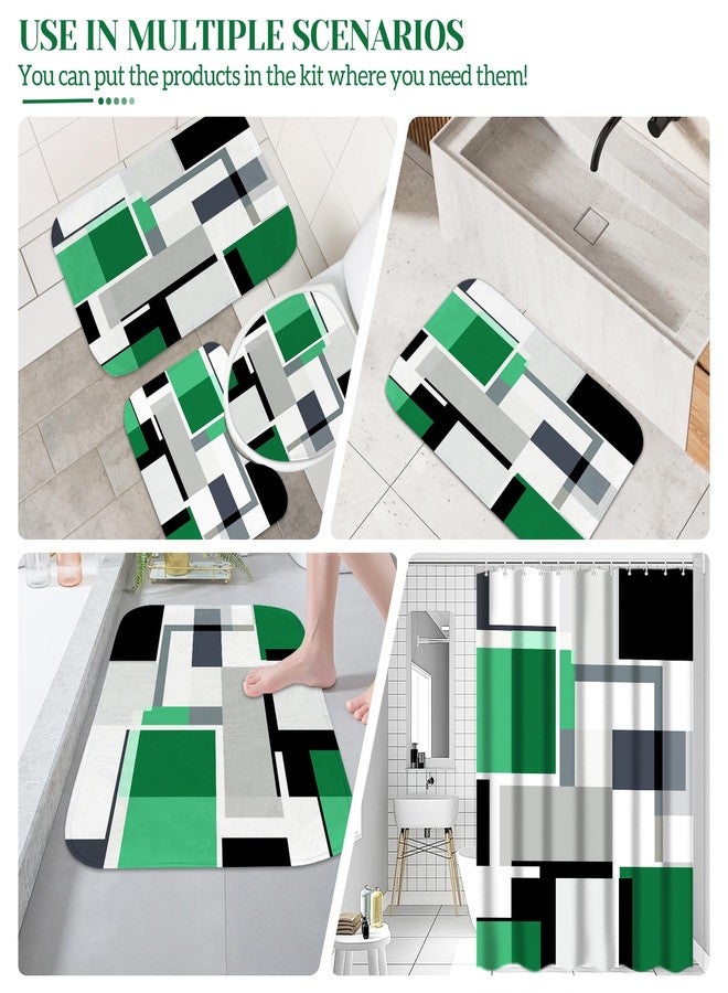 KINUUIS 4 Pcs Bathroom Sets with Shower Curtain and Rugs,Green Geometric Bathroom Shower Curtain Sets with 12 Hooks, Green and Black Modern Abstract Bathroom Sets with Rugs and Accessories for Bathroom - Image 5