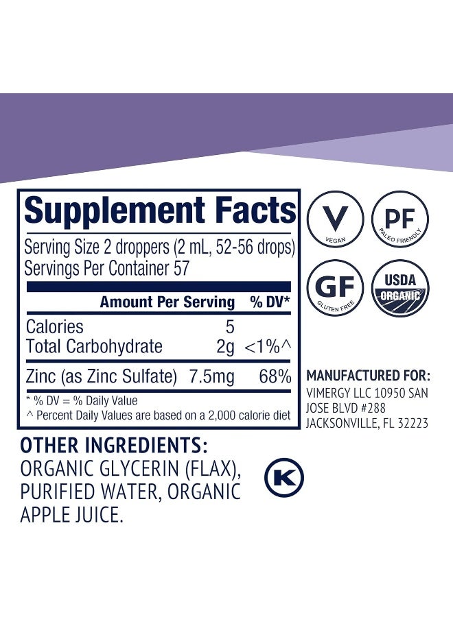 Vimergy Organic Liquid Zinc, 57 Servings â€“ Free Zinc Sulfate â€“ Supports Immune Health And Metabolism â€“ Antioxidant â€“ Gluten-Free, Non-GMO, Kosher, Vegan And Paleo Friendly (115 ml) - Image 4