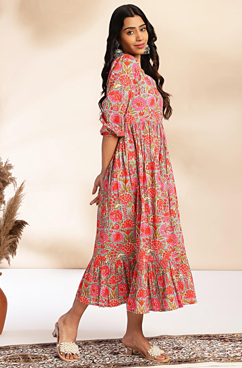 Janasya Women's Multicolor Cotton Floral Printed Flared Dress(JNE4372-DR-M) - Image 4
