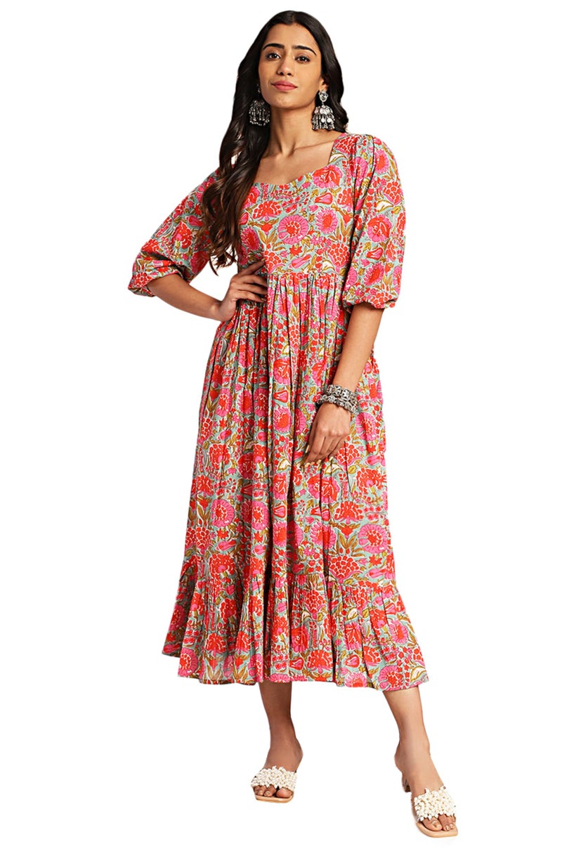 Janasya Women's Multicolor Cotton Floral Printed Flared Dress(JNE4372-DR-M) - Image 1