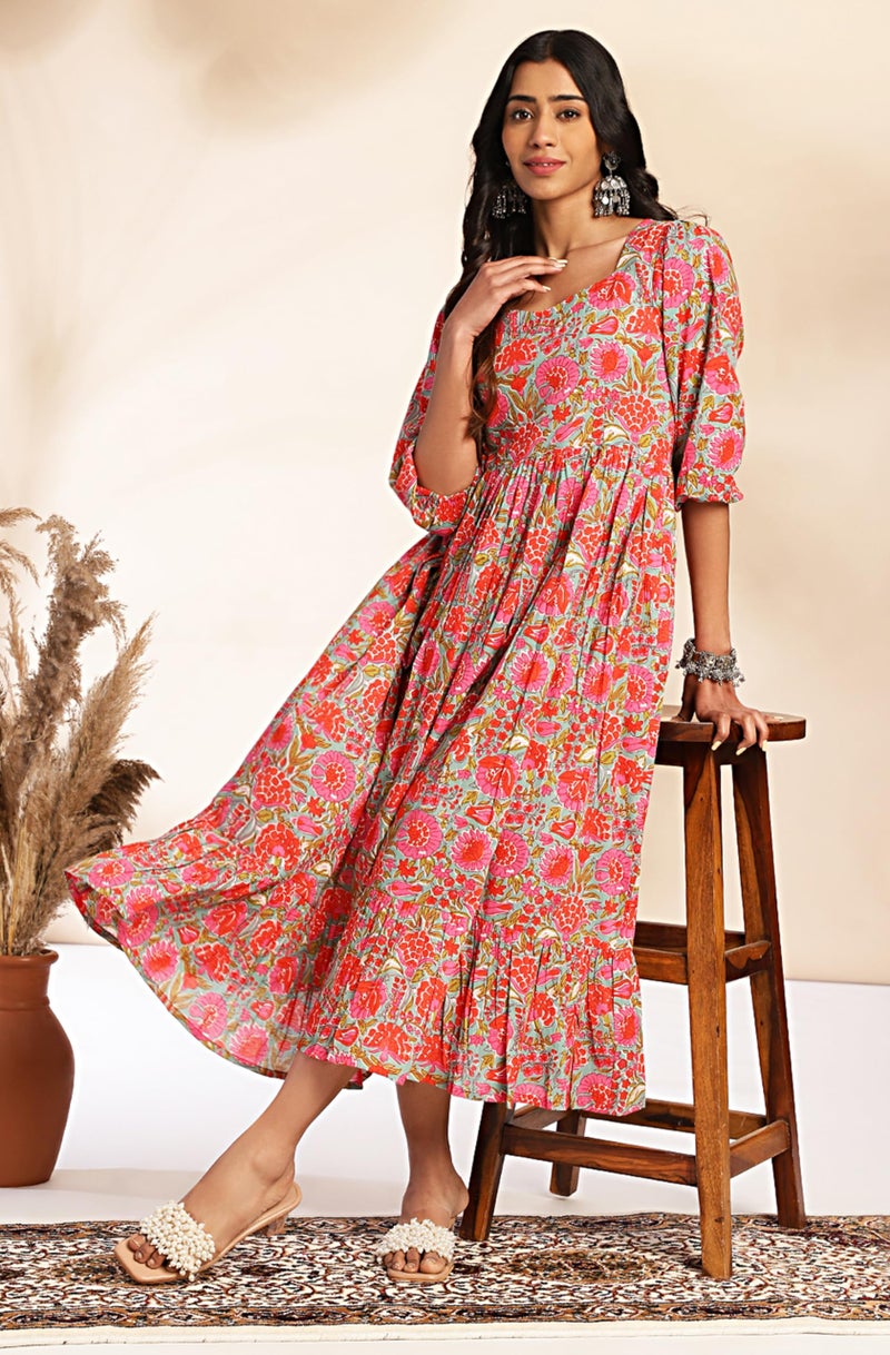 Janasya Women's Multicolor Cotton Floral Printed Flared Dress(JNE4372-DR-M) - Image 2