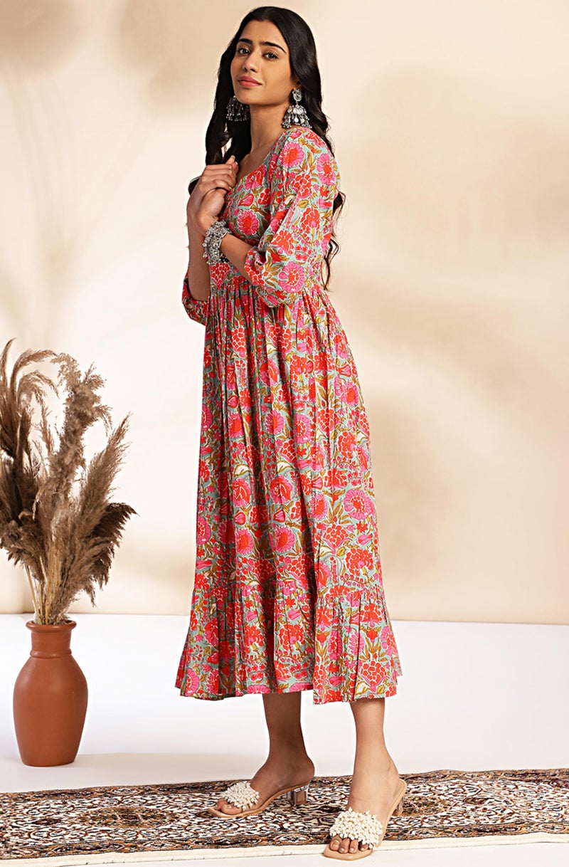 Janasya Women's Multicolor Cotton Floral Printed Flared Dress(JNE4372-DR-M) - Image 3