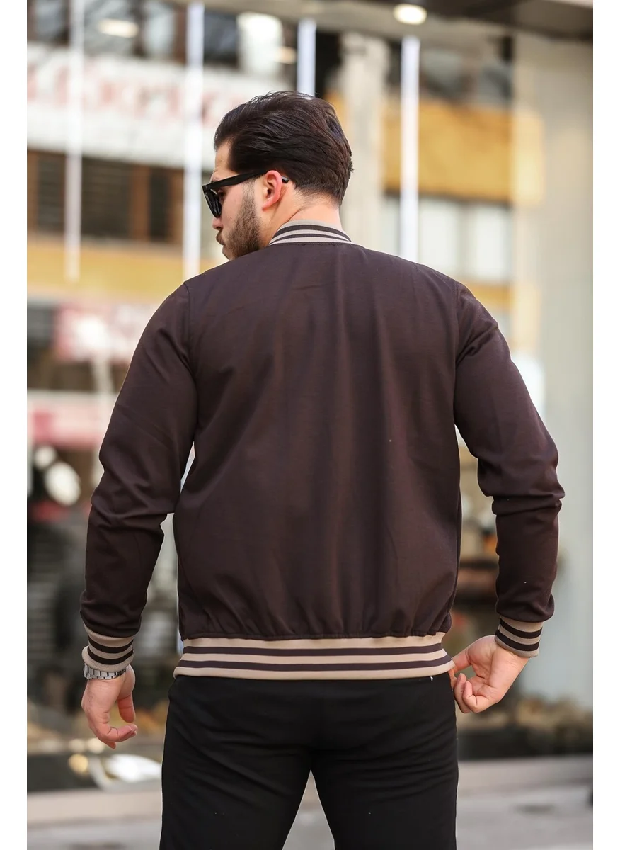 ميرون Dark Brown Pique Textured Embroidered Detailed Regular Fit College Jacket - 2310