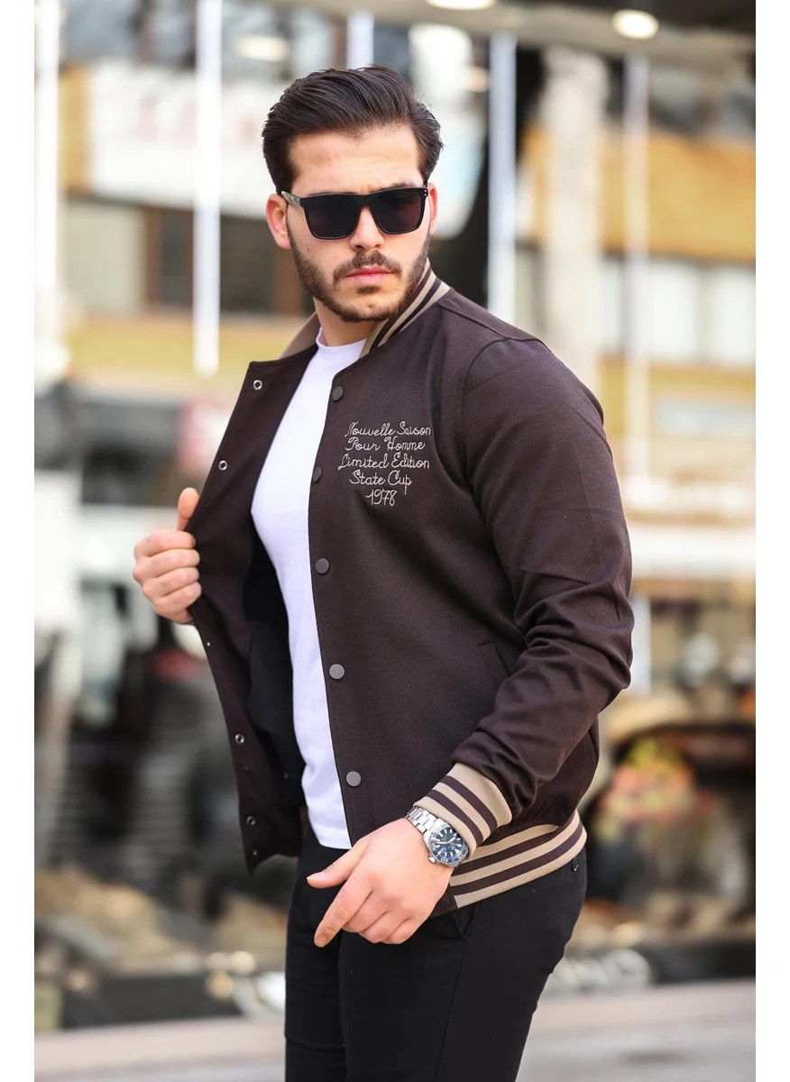 ميرون Dark Brown Pique Textured Embroidered Detailed Regular Fit College Jacket - 2310