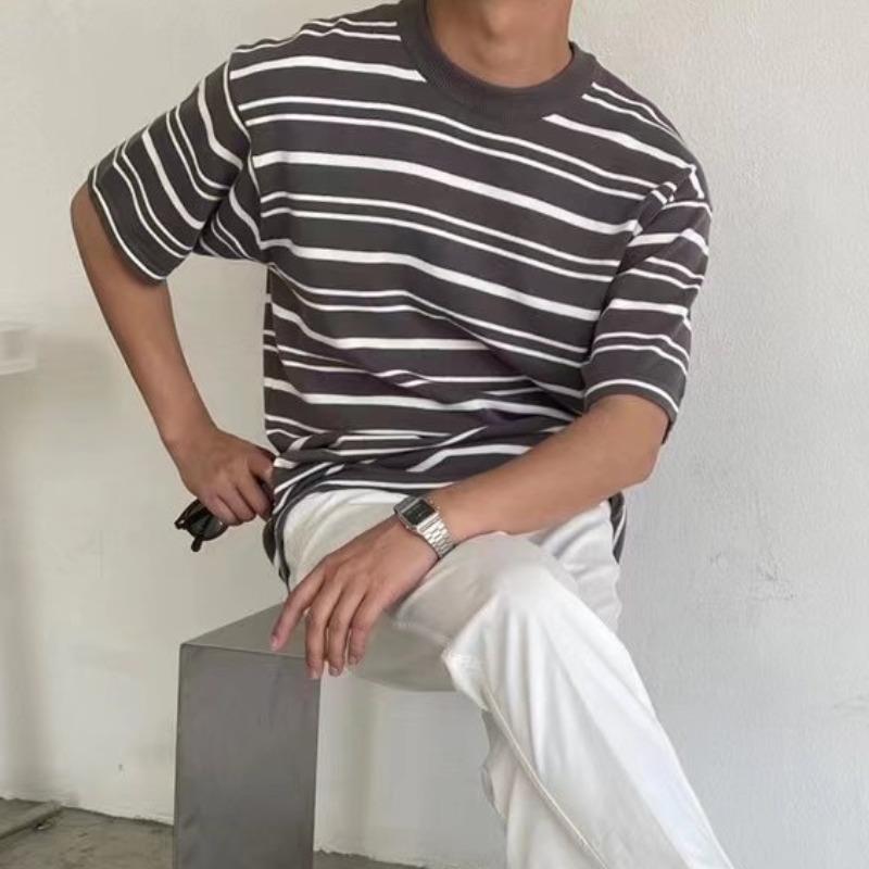 Summer Boys All-Match Loose Personality Striped T-Shirt Men'S Short-Sleeved T-Shirt Daily Casual Bottoming Top - Image 1