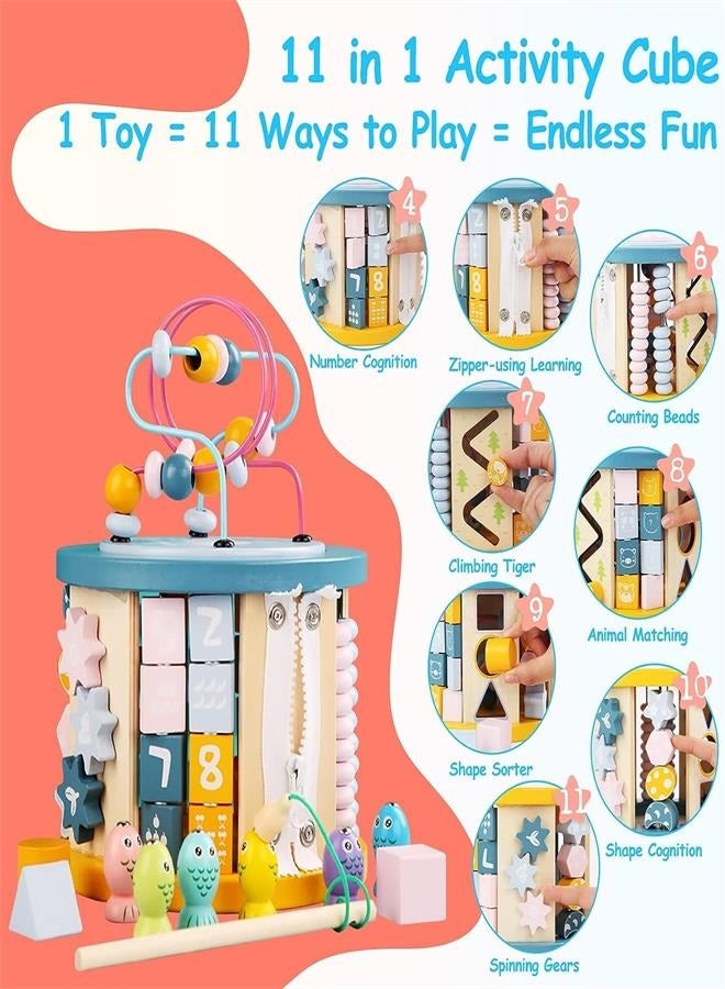 general Activity Cube 11-in-1 Learning Toys Wooden Educational Bead Maze Toy Preschool Toddler Busy Box Fishing Toy Shape Sorter Game Montessori Activity Center for Kids Gift for Boys Girls - Image 4