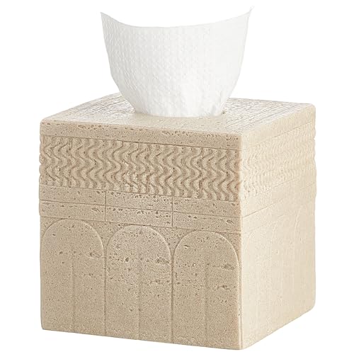 HOLOLA Beige Tissue Box Cover – Modern Resin Cube Holder for Bathroom, Bedroom, Office – Decorative Square Tissue Box for Countertop, Nightstand, Vanity & Desk – Heavy&Sturdy - Image 1