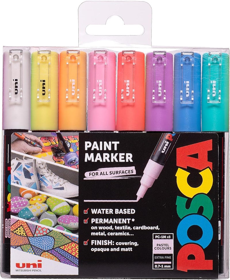 POSCA Pc-1M Water Based Permanent Marker Paint Pens. Premium Extra Fine Tip For Arts And Crafts. Multi Surface Use On Wood, Metal, Paper, Cardboard, Glass, Fabric, Ceramic & Stone. Set Of 8 Assorted - Image 1