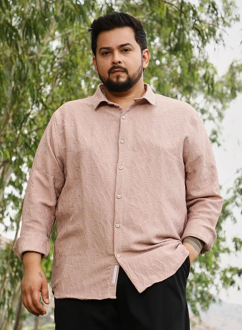 Instafab Plus Instafab Men's Sand Beige Geo-Abstract Jacquard Shirt | Spread Collar , Long Cuffed Sleeves , Button Closure | Solid Jacquard | Cotton-Blend Shirt For Casual Wear