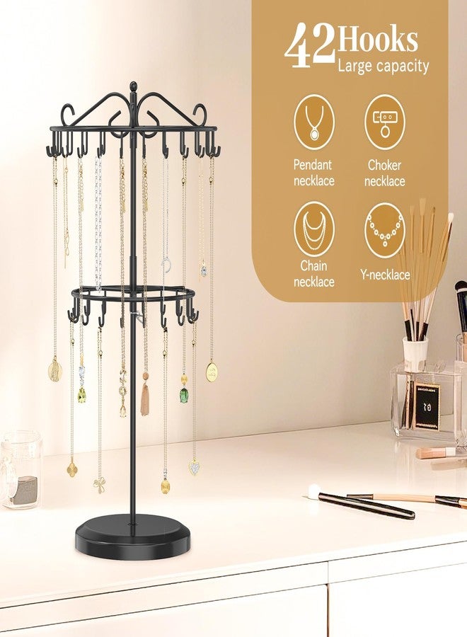 MODOWEY Rotating Necklace Holder Organizer Display Stand with 42 Hooks, 2-Tier Adjustable Metal Tree for Long & Short Necklace Hanger Selling, Tall Spinning Bracelet Storage Rack for Men Women, Black - Image 2