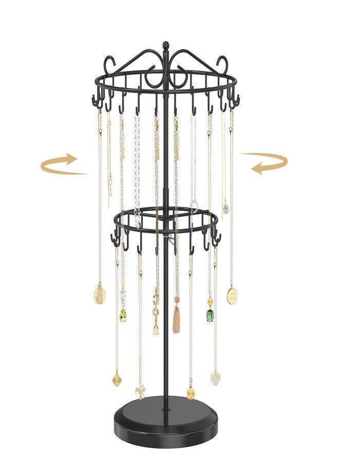 MODOWEY Rotating Necklace Holder Organizer Display Stand with 42 Hooks, 2-Tier Adjustable Metal Tree for Long & Short Necklace Hanger Selling, Tall Spinning Bracelet Storage Rack for Men Women, Black - Image 1