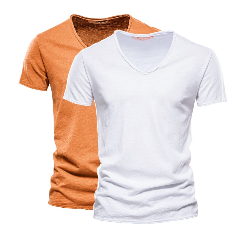2-Pack Men''s Solid Color Slub Cotton V-Neck Short-Sleeve T-Shirts, Pure Cotton and Style Men''s Clothing, Same Style Trendy Brand, Moisture-Wicking and Sweat-Wicking - Image 1