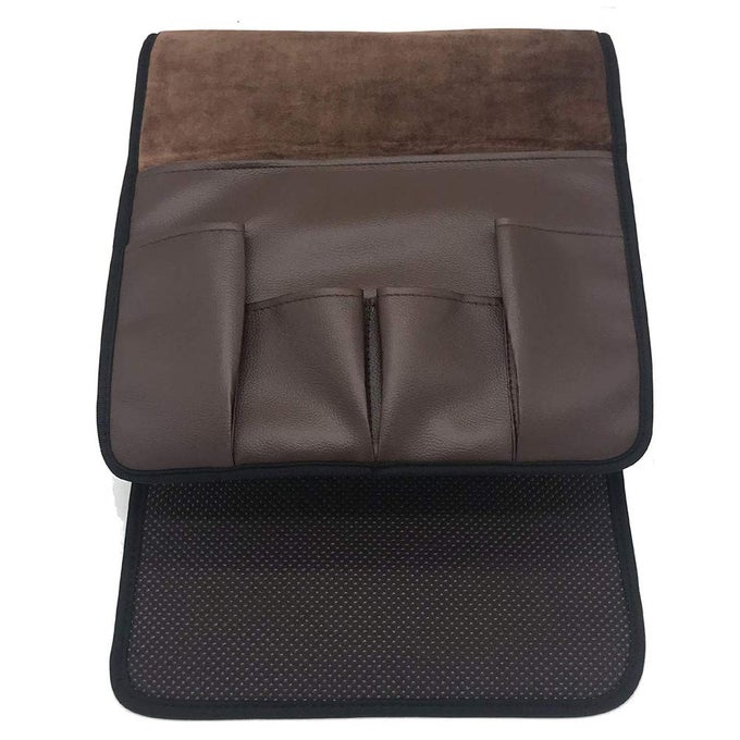 ANTISLIP PU LEATHER VELVET SOFA COUCH CHAIR ARMREST SOFT CADDY ORGANIZER HOLDER WITH 5 POCKETS FOR PHONE BOOK MAGAZINES TV REMOTE CONTROL DRAPED OVER SOFA COUCH RECLINER ARMREST BROWN