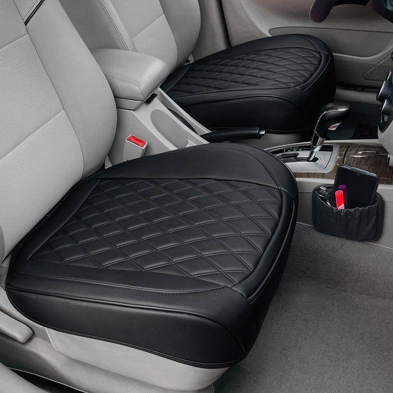 BEITK 2 Pack Leather Front Car Seat Cover, Anti-Slip and Full Wrap Driver Car Seat Protectors with Storage Pocket, Luxury Waterproof Bottom Auto Seat Cushion Pad Mat for Most Vehicles(Black) - Image 1