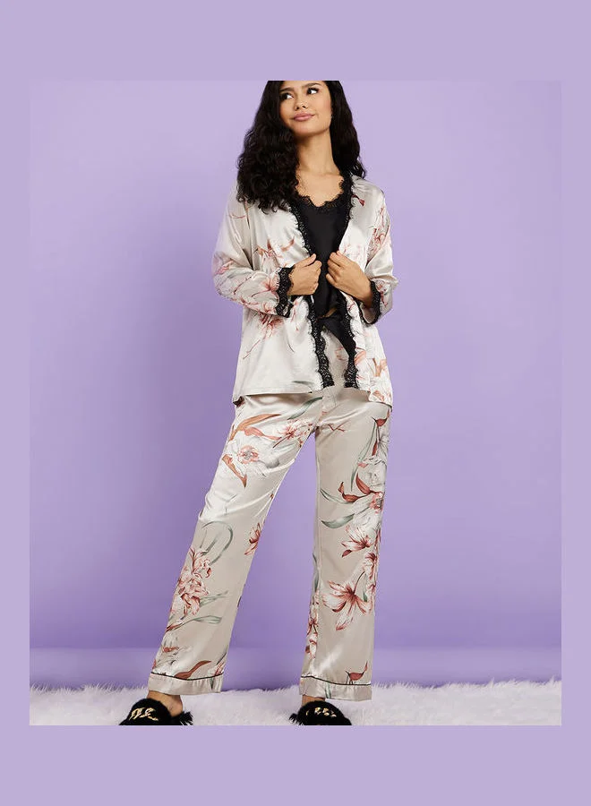 Styli Floral Print Lace Trim Wrap Belted Shirt and Pyjama Set