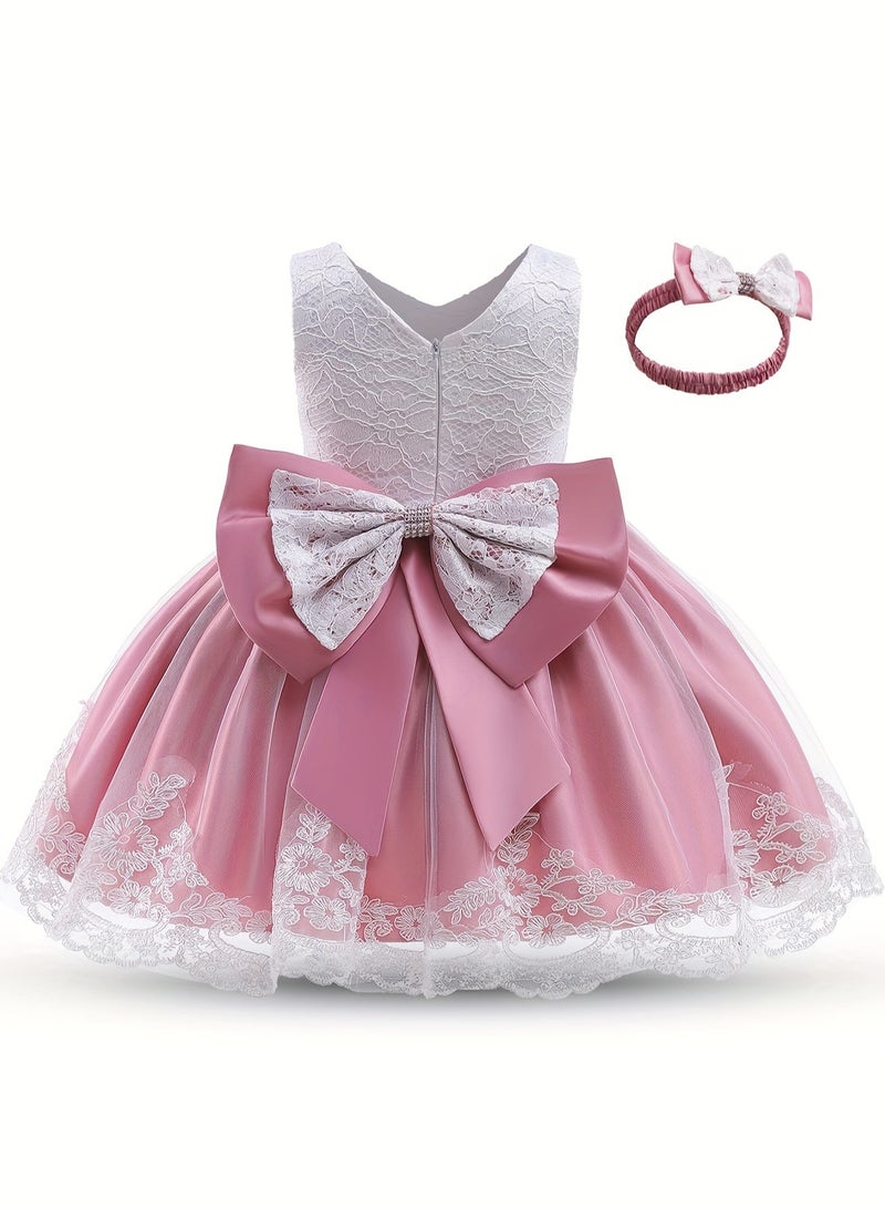 DOOKOO Baby Girl Princess Dress – Sleeveless Lace Tutu Party Dress for Toddlers, Birthday Dress, Tulle Dress, Girls Frock, Kids Baby Dress, Bowknot Gown – Peach Pink, 90cm (1-2Y) - Image 1