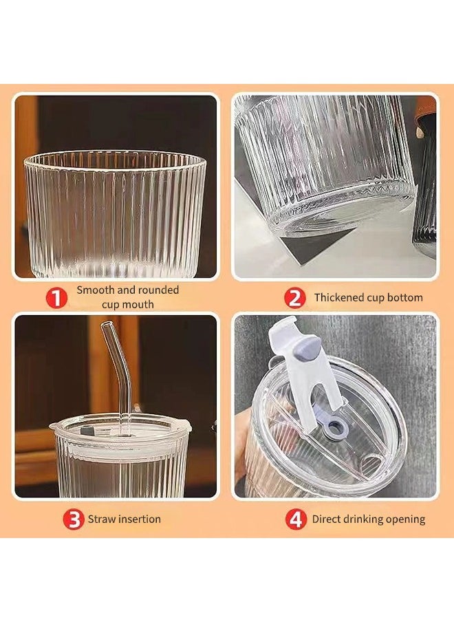 Simple Vertical Stripes Water Glasses with Lid and Straw, Wide Mouth Drinking Glasses