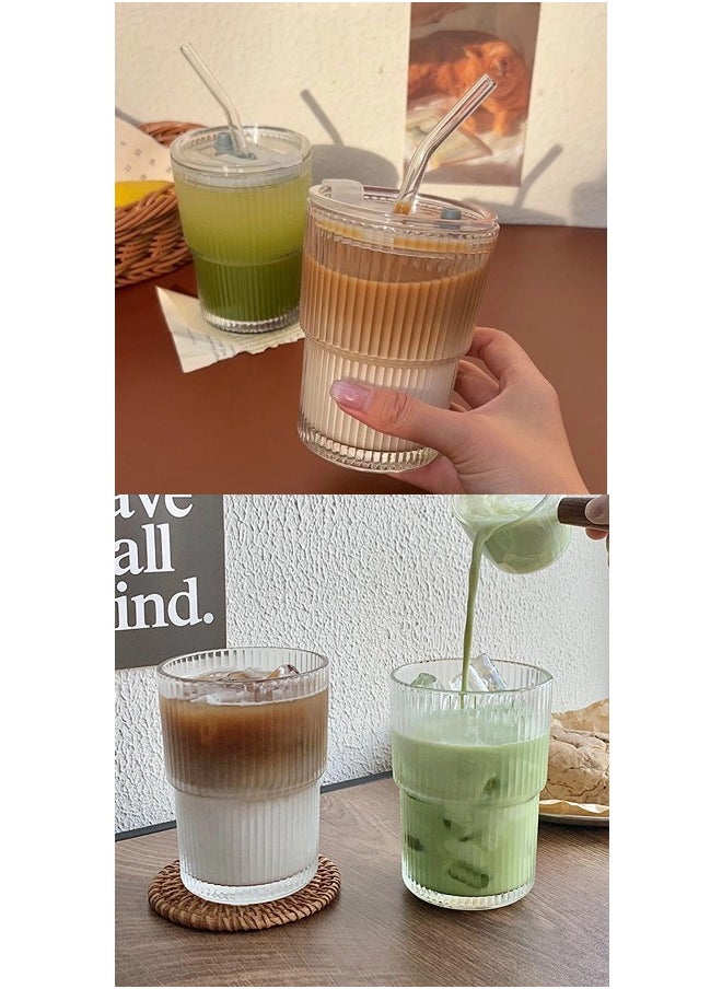 Simple Vertical Stripes Water Glasses with Lid and Straw, Wide Mouth Drinking Glasses