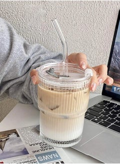 ShebSheb Simple Vertical Stripes Water Glasses with Lid and Straw, Wide Mouth Drinking Glasses  - Image 1