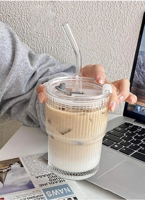 Simple Vertical Stripes Water Glasses with Lid and Straw, Wide Mouth Drinking Glasses