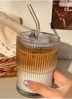 ShebSheb Simple Vertical Stripes Water Glasses with Lid and Straw, Wide Mouth Drinking Glasses  - Image 4