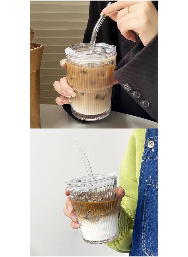 Simple Vertical Stripes Water Glasses with Lid and Straw, Wide Mouth Drinking Glasses
