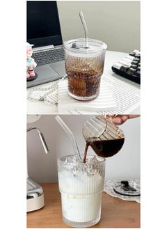 ShebSheb Simple Vertical Stripes Water Glasses with Lid and Straw, Wide Mouth Drinking Glasses  - Image 5