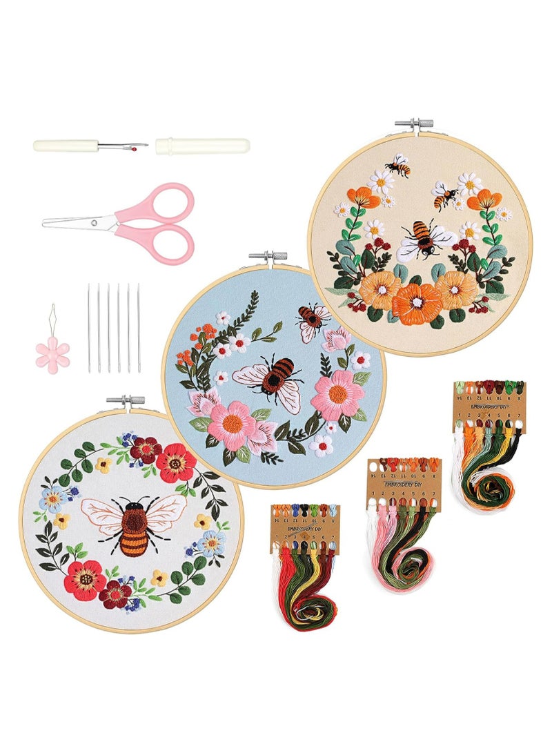 Excefore 3 Pack Embroidery Kit for Beginners Cross Stitch Kits for Adults Hand Embroidery with Bee Patterns DIY Kits with 1 Wooden Hoop, Scissors, Threads and Needles  - Image 1