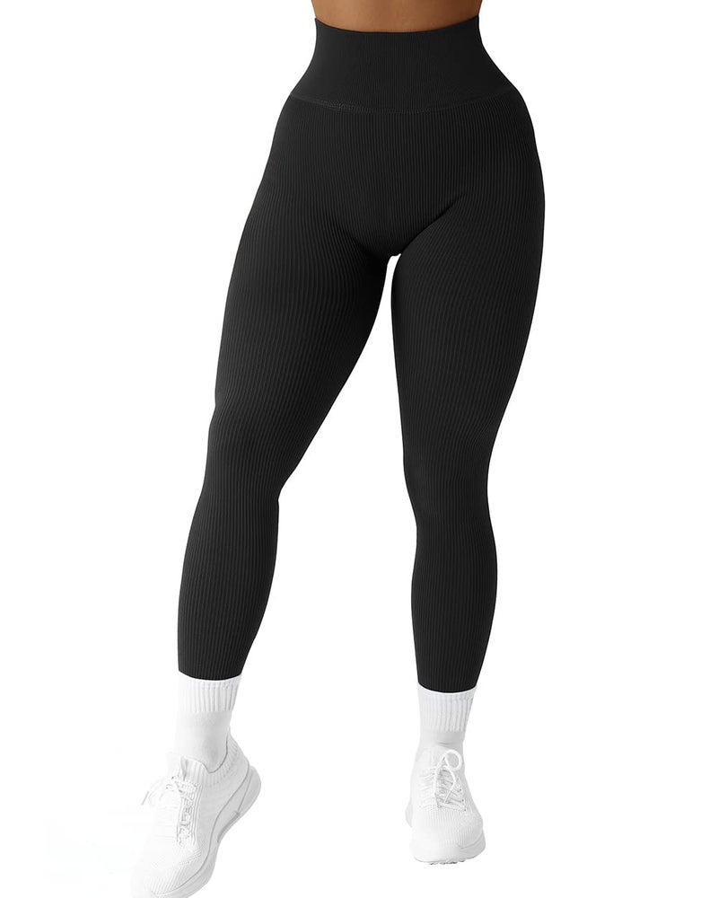 SUUKSESS Women Ribbed Seamless Leggings High Waisted Tummy Control Workout Yoga Pants (Black, XL) - Image 1