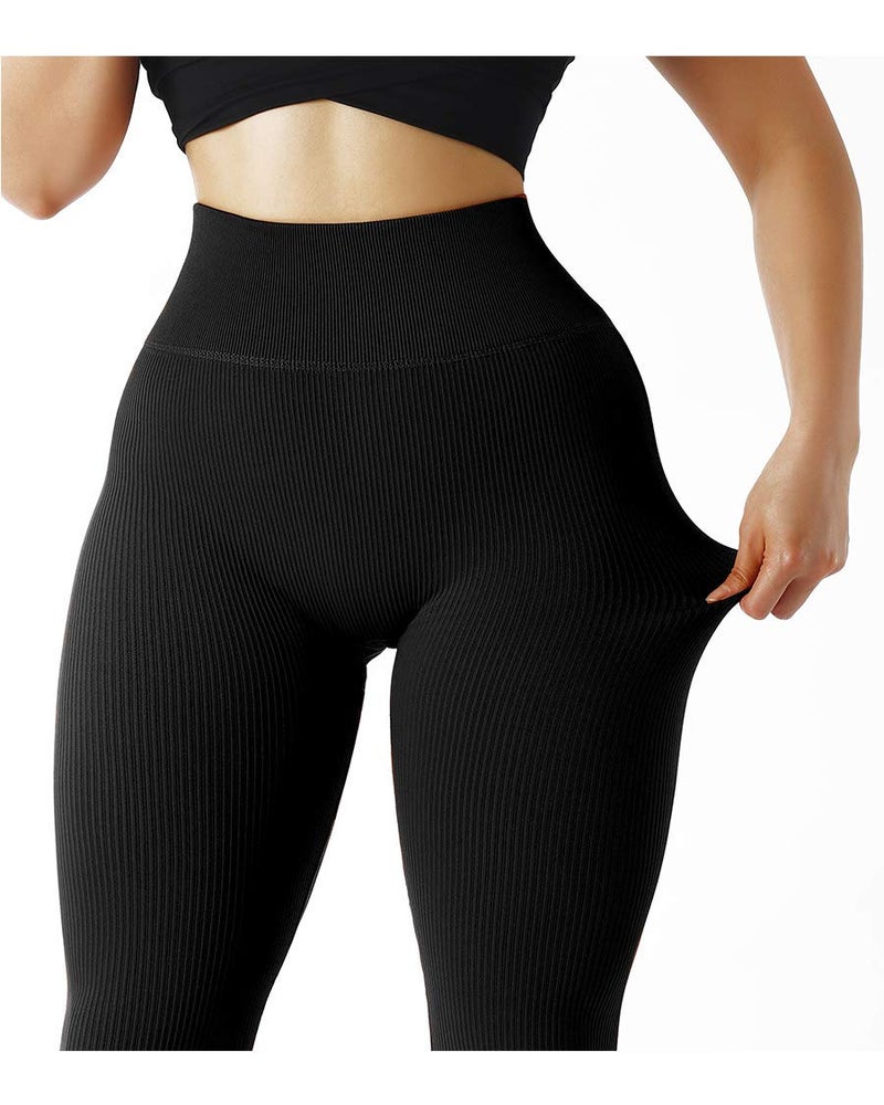 SUUKSESS Women Ribbed Seamless Leggings High Waisted Tummy Control Workout Yoga Pants (Black, XL) - Image 4