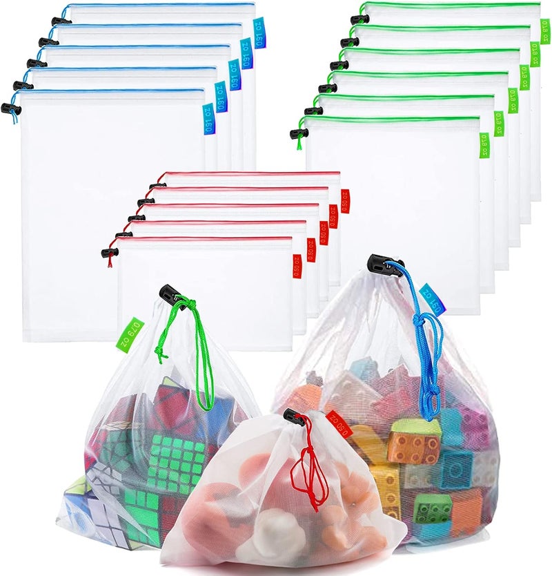 RUSON 16 Pcs Mesh Small Toy Bags for Storage, 3 Sizes Reusable Mesh Drawstring Produce Bags Puzzle Bag for Kids Storage Playroom Organization, Fruits, Vegetable - Image 1