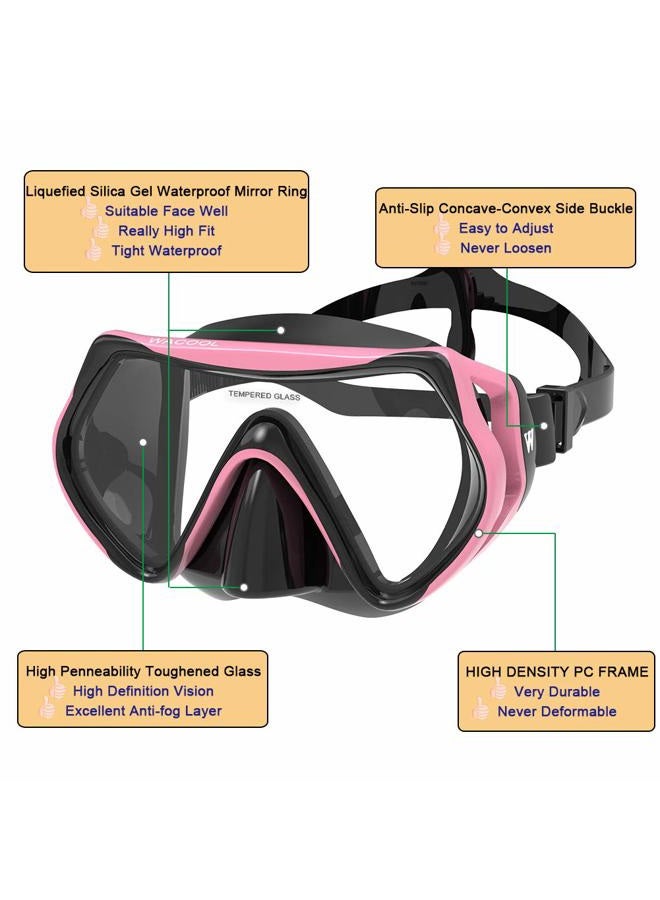 WACOOL Adults Teens Snorkeling Snorkel Diving Scuba Package Set with Anti-Fog Coated Glass Purge Valve and Anti-Splash Silicon Mouth Piece for Men Women (Black+Pink) - Image 5