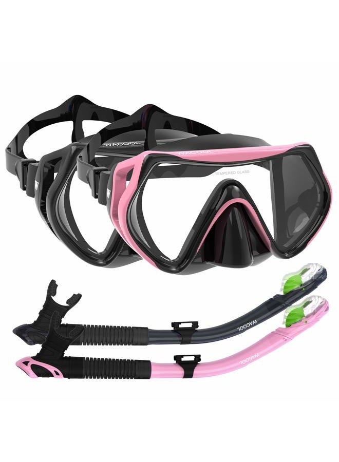 WACOOL Adults Teens Snorkeling Snorkel Diving Scuba Package Set with Anti-Fog Coated Glass Purge Valve and Anti-Splash Silicon Mouth Piece for Men Women (Black+Pink) - Image 1