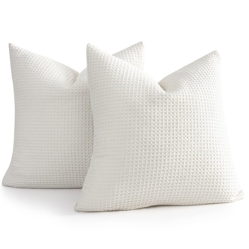 COCOPLOCEUS Pillow Covers 26x26 Set of 2 Cotton Euro Shams with Hidden Zipper Wrinkle Resistant Breathable Decorative Waffle Weave Pillowcases for Couch Sofa Bedroom Car Ivory White