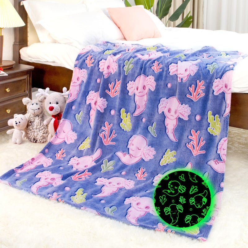 IMUKU Axolotl Blanket for Girls Axolotl Gifts Toys for 2 3 4 5 6 7 8 9 10 Year Old Girls Boys Glow in The Dark Salamander Blanket Christmas Birthday Presents for Toddlers Teens Couch Bed 50x 60