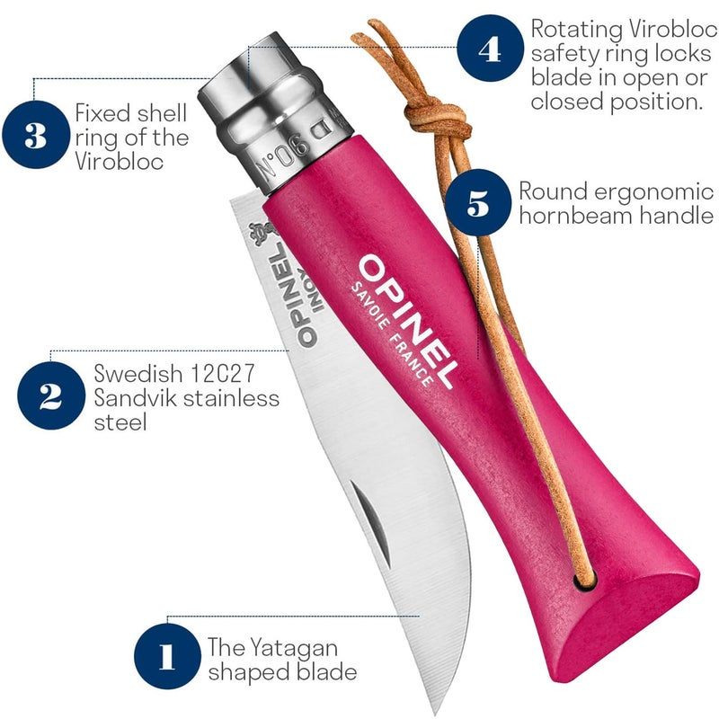 Opinel Colorama No.06 Folding Pocket Knife, Painted Wood Handles, Leather Lanyard (Strawberry) - Image 3