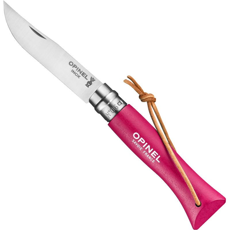 Opinel Colorama No.06 Folding Pocket Knife, Painted Wood Handles, Leather Lanyard (Strawberry) - Image 1