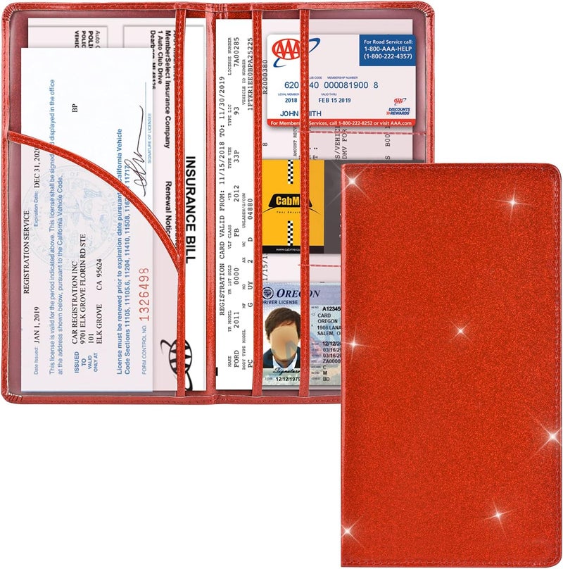 Cacturism Car Registration and Insurance Holder, Vehicle Glove Box Car Organizer Men Women Wallet Accessories Case with Magnetic Shut for Cards, Essential Document, Driver License, Bling Red - Image 1
