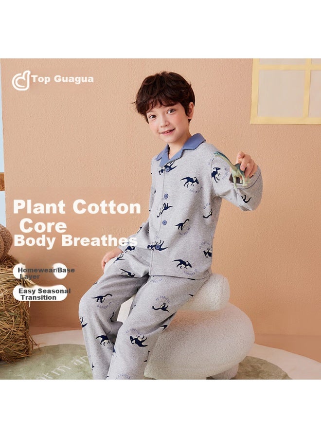 Top melon Dingguagua Children's Pajama Set Pure Cotton Spring And Autumn Long Sleeve Boys Homewear Full Cotton Cardigan Medium And Large Boys Heather Gray 140 - Image 1