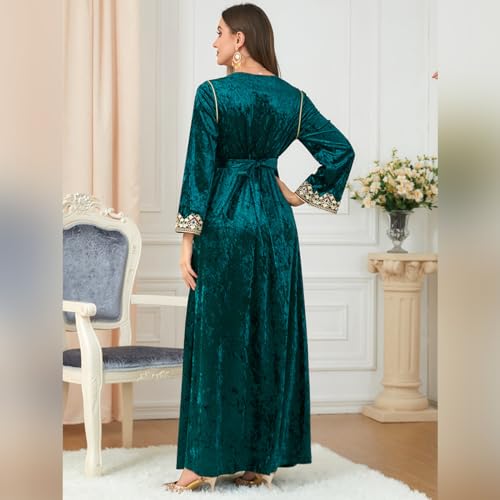 IDOPIP Velvet Abayas Dress for Women Winter Fall Long Sleeve VNeck Embroidered Moroccan Split Maxi Kaftan Velour Dubai Robe Eid Arabic Turkey Abaya Evening Gown Islamic Clothing Dark Green M - Image 3