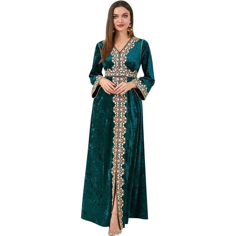 IDOPIP Velvet Abayas Dress for Women Winter Fall Long Sleeve VNeck Embroidered Moroccan Split Maxi Kaftan Velour Dubai Robe Eid Arabic Turkey Abaya Evening Gown Islamic Clothing Dark Green M - Image 2