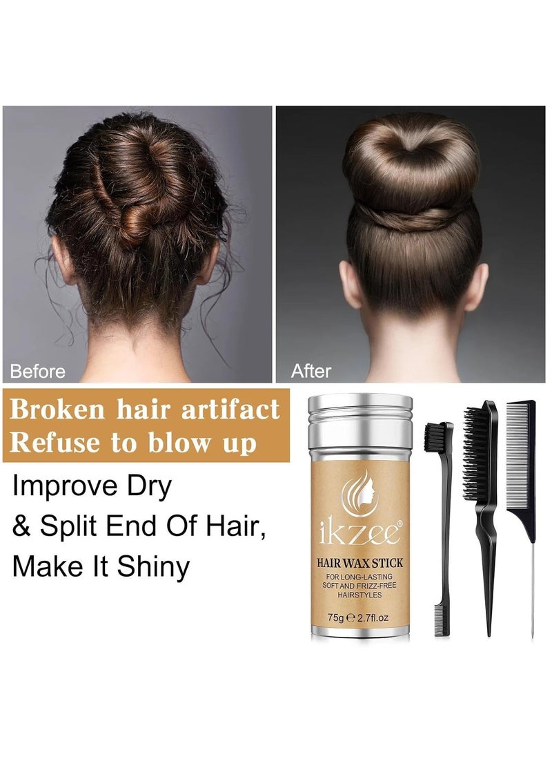 IKZEE - 75g Hair Wax Stick and Comb Set 3 PCS Edge Control Brush Hair Slick Stick Wax Stick for Hair Bristle Brush for Flyaways Teasing Brush for Hair Styling for Baby Hair & Flyaways & Edge Frizz Hair - Image 1